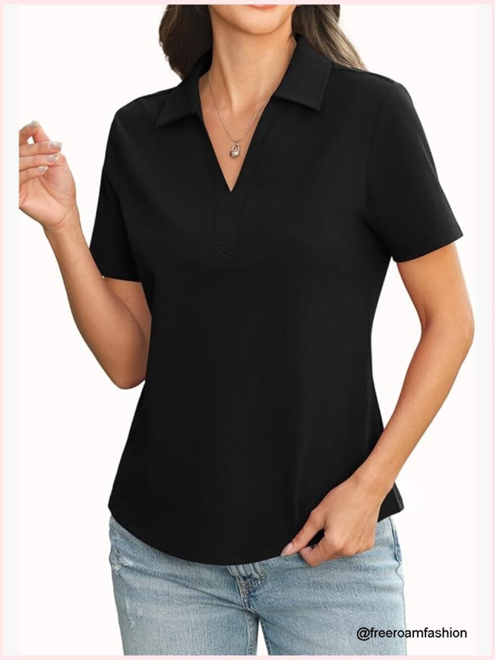 Cotton Polo Shirt Short Sleeve V Neck Collared Tops Loose Fit Work Blouses